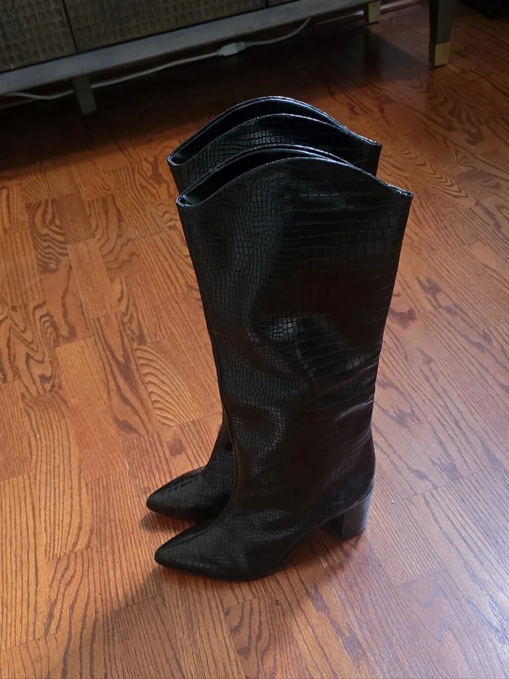 Schutz Analeah Black Leather Croc Embossed Knee High Boots Block Heel Size 10 B